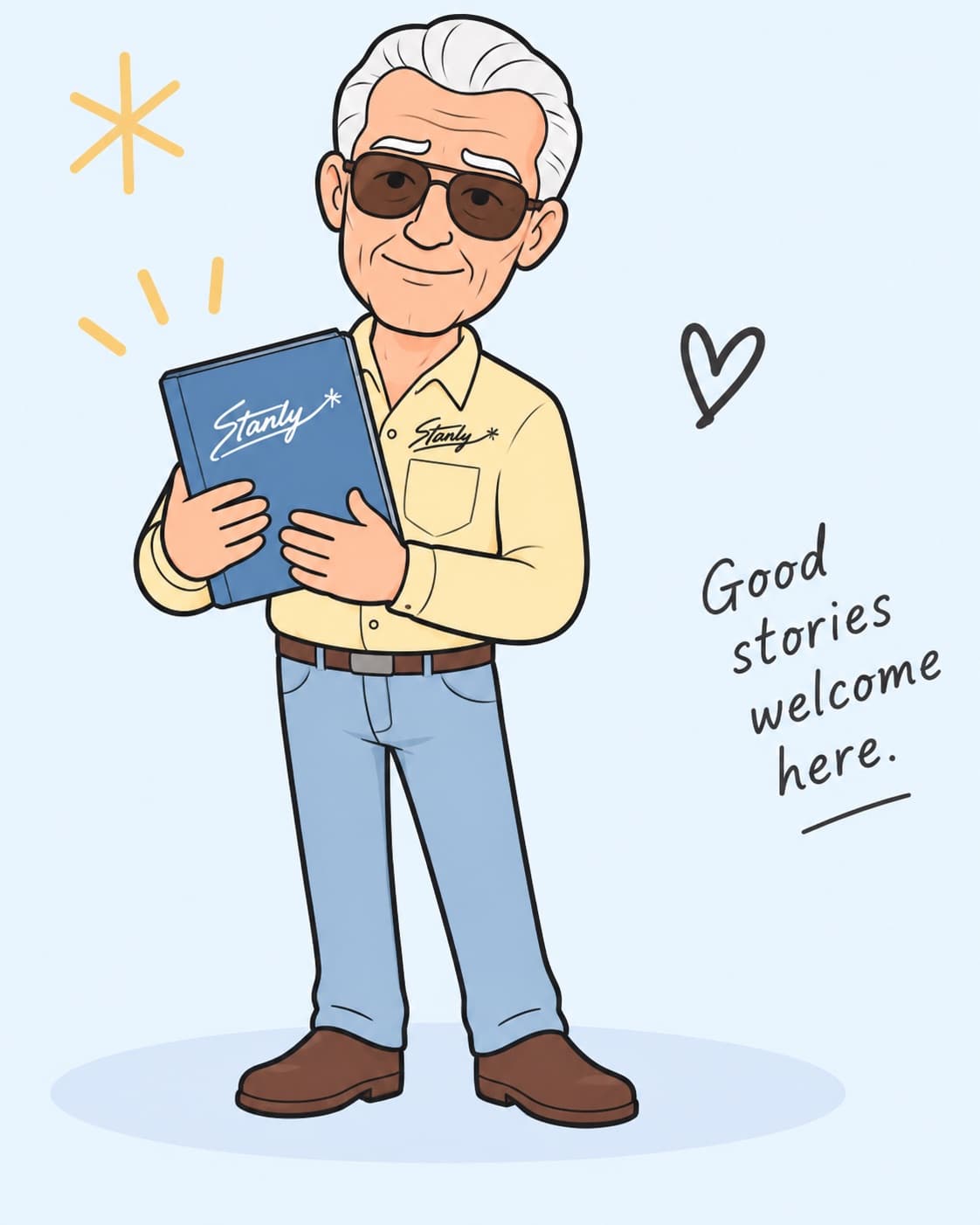 Stanly's storykeeper holding a blue book beside the words Good stories welcome here