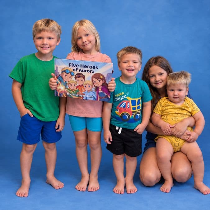 Five siblings holding their Stanly book, Five Heroes of Aurora