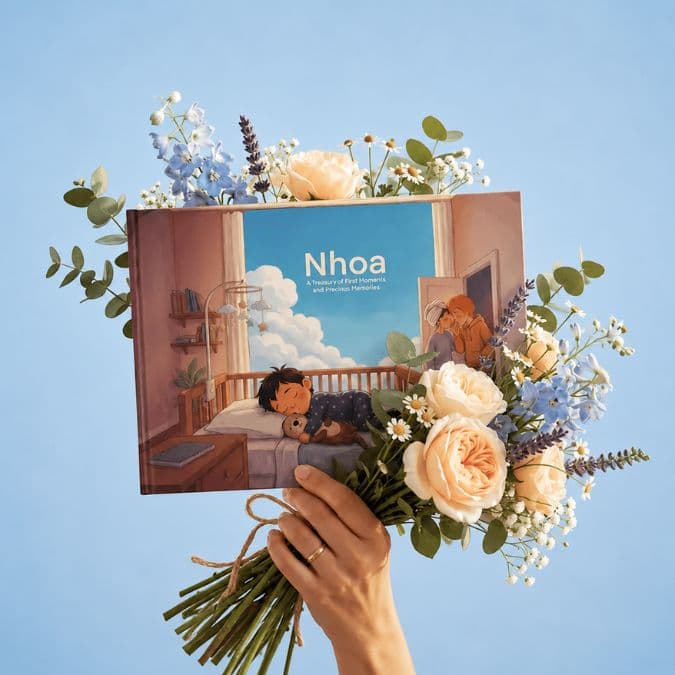 A Stanly memory book held up with a bouquet of flowers